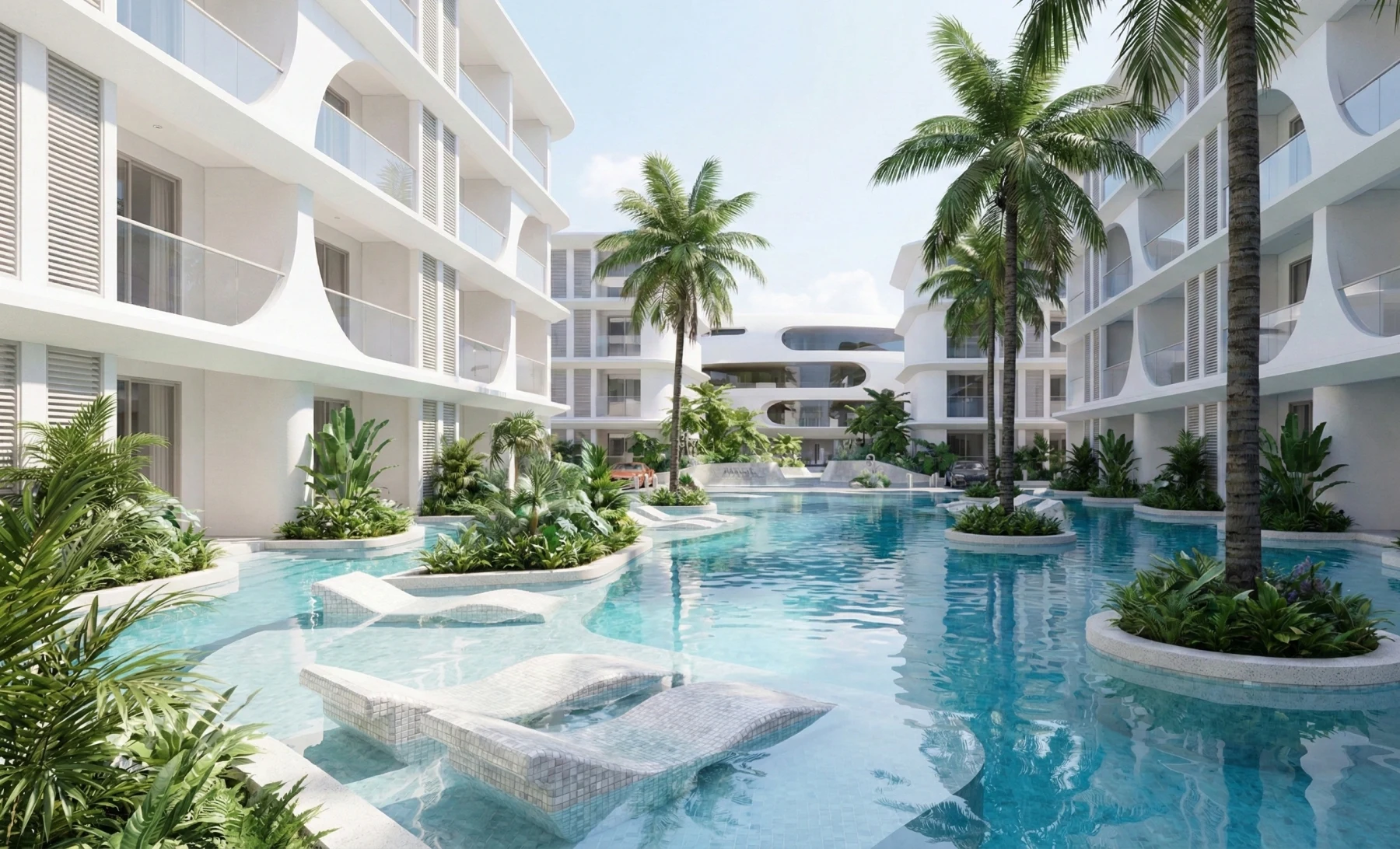 Visualization of ANAVA Samui residential buildings around a pool without people