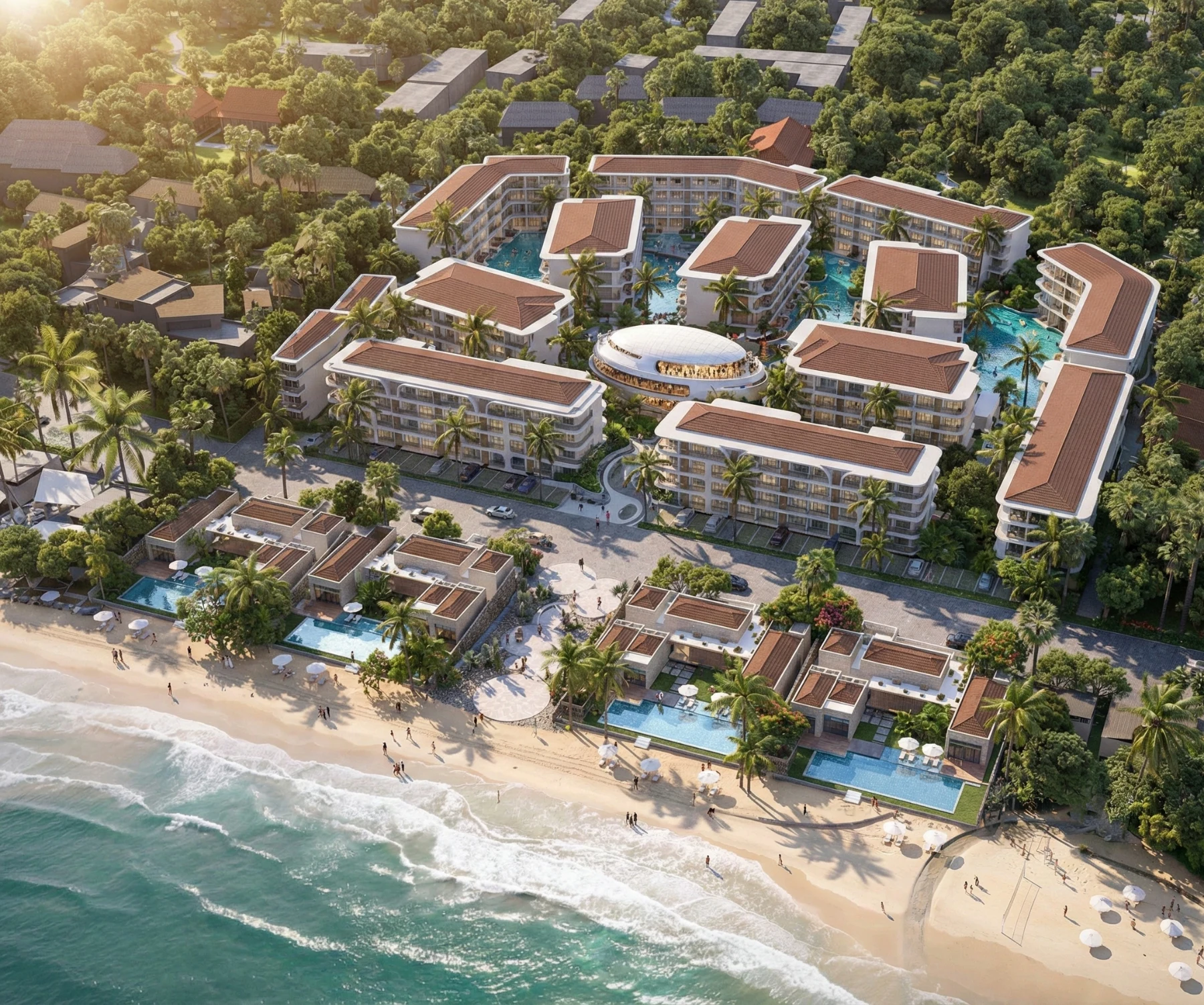 Aerial visualization of ANAVA Samui residences, pools and coastline